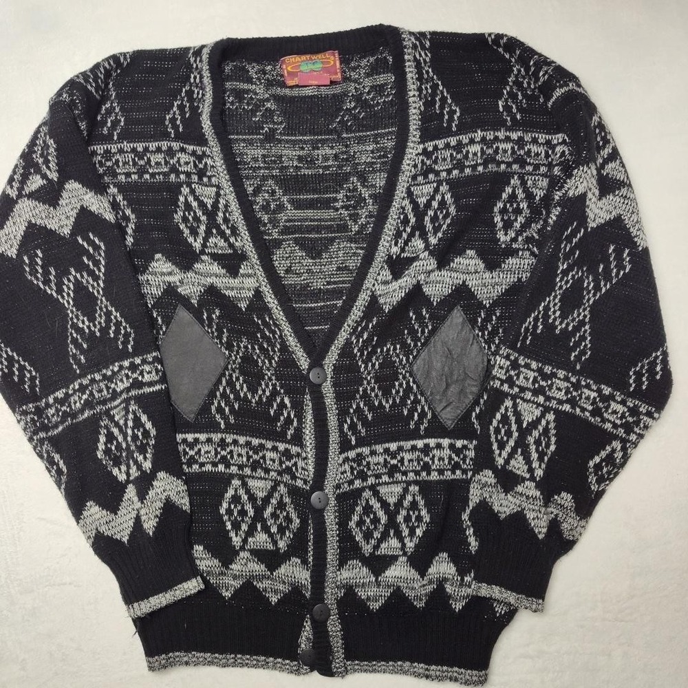 Vintage Chartwell Sweater Mens XLT Black Gray‎ Cardigan Leather Geometric 90s